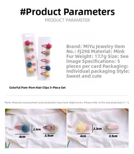 Detailed view of 5-piece set colorful faux mink fur hair clips with size measurements