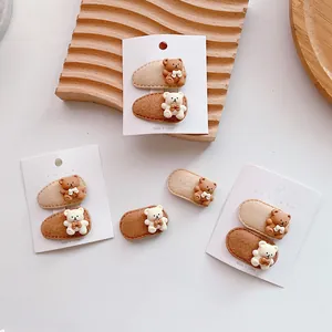Cute Cartoon Bear Hair Clips For Girls Children Fabric Felt BB Hairpin Earth Tones Bowknot Resin Hair Accessories