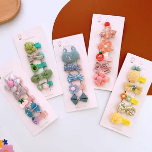 Set of 5 cards with colorful cute fabric bow and fruit hair clips for girls