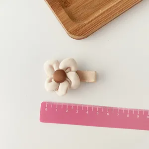 Milk tea beige fabric flower hair clip for girls with 4cm floral petals on white background