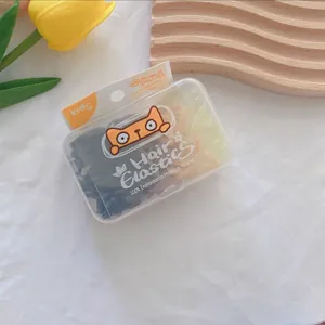 Close-up of candy-colored TPU hair elastics in a cartoon cat box on a white backdrop