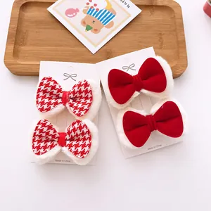 Red velvet and houndstooth bow hair clips for girls with white faux fur trim set