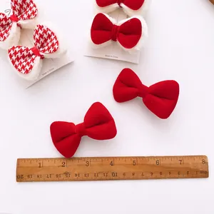 Red velvet and houndstooth bow hair clips for girls set with plush edges and rulers