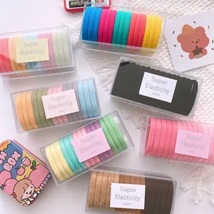 Detail of high elasticity hair ties in a transparent box with minimalist labeling