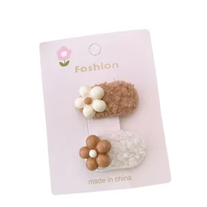Set of 2 plush cartoon rabbit flower hair clips in beige and coffee colors for girls