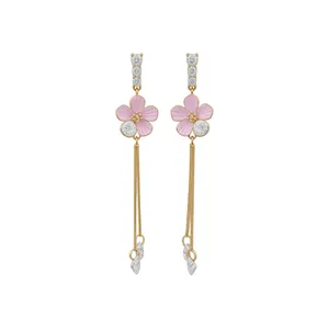 Elegant pink enamel flower ear clips with zircon and long gold tassels