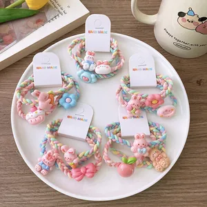 Élastiques à Cheveux Tissés Macaron Doux Breloque en Résine de Lapin de Dessin Animé et de Fleur pour Filles Accessoires de Coiffure