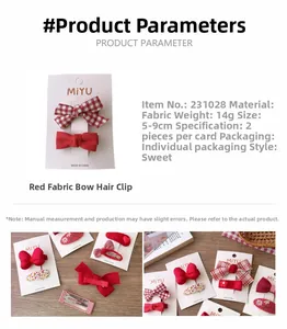 Détail de pinces à cheveux rouges à nœuds avec motifs à carreaux et dimensions du produit