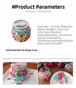 Macro detail of 2cm diameter candy color nylon hair ties packed in a clear jar