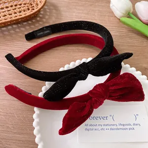 Vintage Velvet Bow Headband Handmade Fabric Wrapped Hair Band For Girls Kids Sweet Bowknot Hair Accessories Wine Red Black
