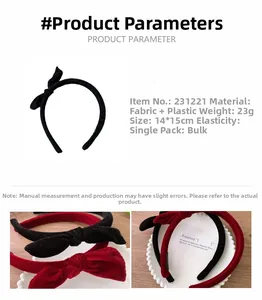 Detail of velvet bow headband showing size 14x15cm and 23g weight specifications