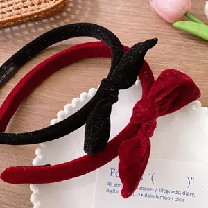 Elegant velvet thin headbands with handmade bows in burgundy and sparkly black colors