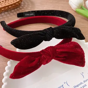 Vintage velvet bow headbands set in burgundy and black glitter finish for women