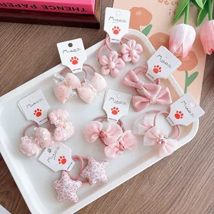 Sweet Pink Bow Flower Star Hair Ties Elastic Mesh Butterfly Ponytail Holders For Little Girls School Daily Accessories