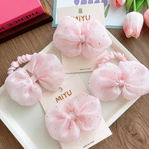 Pink seersucker bow hair accessories set with silver sequins and matching hair ties