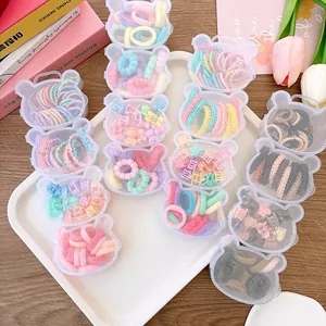 Kids hair accessories set with elastic bands and clips in cute bear storage boxes