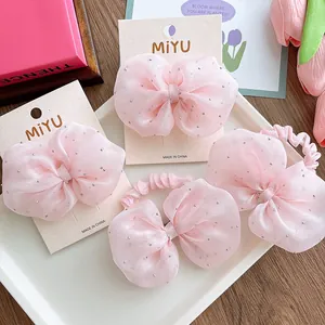 Sweet Pink Organza Bow Hair Clips And Scrunchies With Silver Sequins For Kids Girls Princess Party Daily Hair Accessories