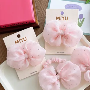 Pink seersucker bow hair clips and scrunchies set with silver sequins for girls
