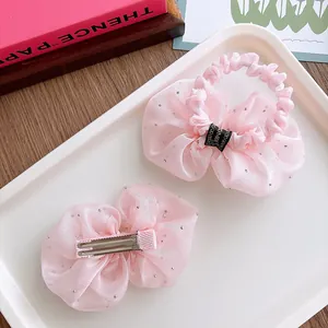 Pink seersucker bow hair clip and scrunchie set with glitter accents for girls