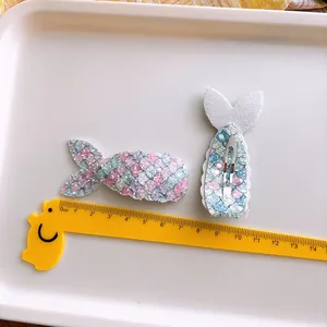 Glittery mermaid tail hair clips for girls with gradient sequins and silver metal duckbill clip