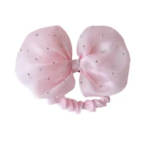 Pink seersucker bow hair tie for girls with sparkling silver rhinestones and scrunchie
