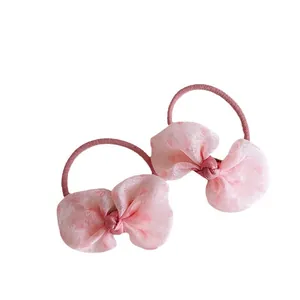 Set of two pink polka dot mesh bow hair ties with high elasticity for girls and women