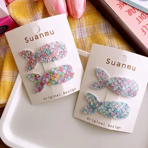 Glittery fishtail hair clips set for girls with colorful sequins on display card
