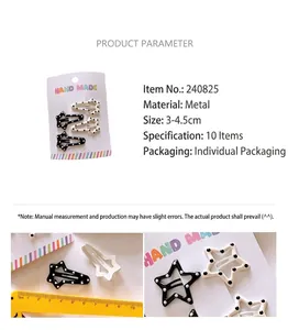Star-shaped metal hair clip set with polka dots and size measurements shown on scale
