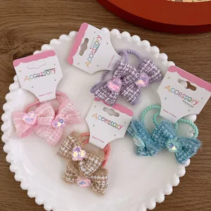 Sweet Tweed Bowknot Hair Ties With Heart Decor For Kids Baby Small Fragrance Style Princess Elastic Hair Bands Accessories