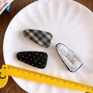 Set of 3 fabric-wrapped triangle BB hair clips featuring plaid and polka dot patterns
