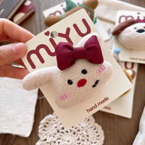 Cute plush cartoon animal hair clip with red bow decoration for girls and students