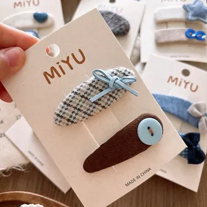 Sweet blue fabric hair clips set with heart plaid pattern and bows for kids and girls