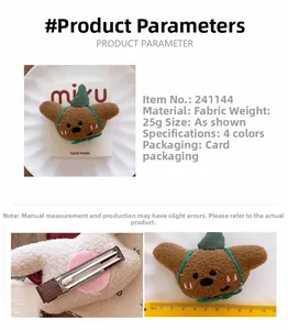 Detailed view of plush animal hair clip with measurements and metal duckbill clip back