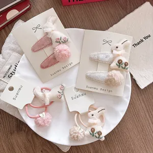 Sweet Toddler Girls Embroidered Rabbit Pompom Hair Clips And Hair Ties Velvet BB Clips Cute Hair Styling Accessories