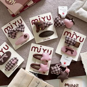 Sweet Korean Style Kids Hair Accessories Set Fabric Bowknot Plaid Heart Star Bear Embroidery Hair Clips And Hair Ties For Girls