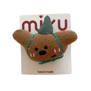 Cute plush cartoon animal hair clip with green hat on white display card