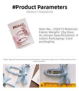 Détails de barrettes à nœud en tissu avec spécifications de mesure et d'emballage
