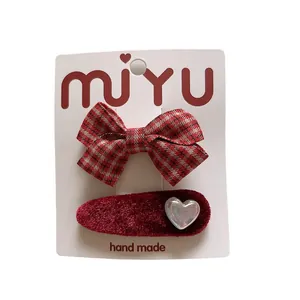 Red plaid bow hair clip and velvet oval heart hairpin set for girls on display card