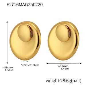 Detail of oversized gold-finish stainless steel oval stud earrings with twin disc design