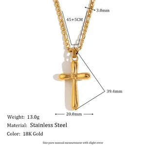 Gold 18K plated stainless steel cross pendant necklace with product dimensions and specs