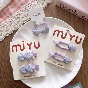 Pince à Cheveux Doux Cœur Élastique Avec Nœud Papillon Et Künstliche Perle Synthétique Tissu Vichy Accessoires Pour Enfants Filles