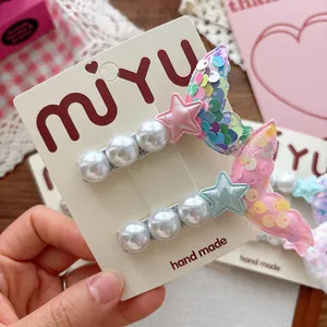 Sweet mermaid tail hair clips with pearls and sequins for girls, handmade two-piece set