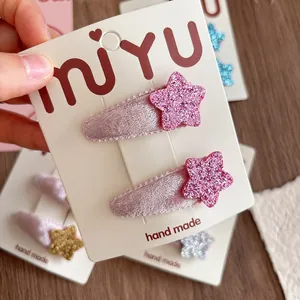 Pink glitter star velvet hair clips for kids on display card set of 2 pieces