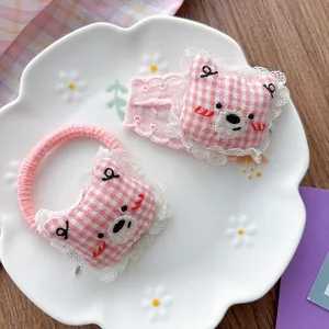 Cute Cartoon Embroidered Plaid Bear Hair Clip For Girls Sweet Lace Gingham BB Clip Handmade Hair Accessories Pink White