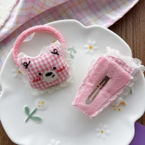 Cute pink gingham bear hair clip and elastic tie set with lace trim and embroidery
