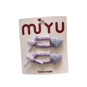 Lot de barrettes à cheveux violettes avec cœurs en tweed et perles blanches