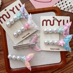 Kids mermaid tail hair clips with sequins and pearls in pastel macaron colors