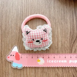Cute pink plaid lace bear hair scrunchie accessory with plush bear embroidery for girls