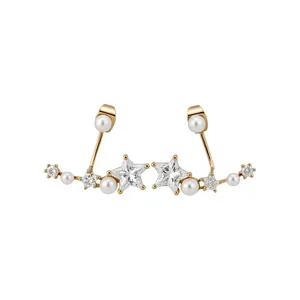 Elegant gold star stud earrings with cubic zirconia and white pearls for women