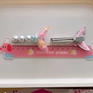 Sweet mermaid tail hair clips with pearls and sequins for girls, 6cm set with side metal grips